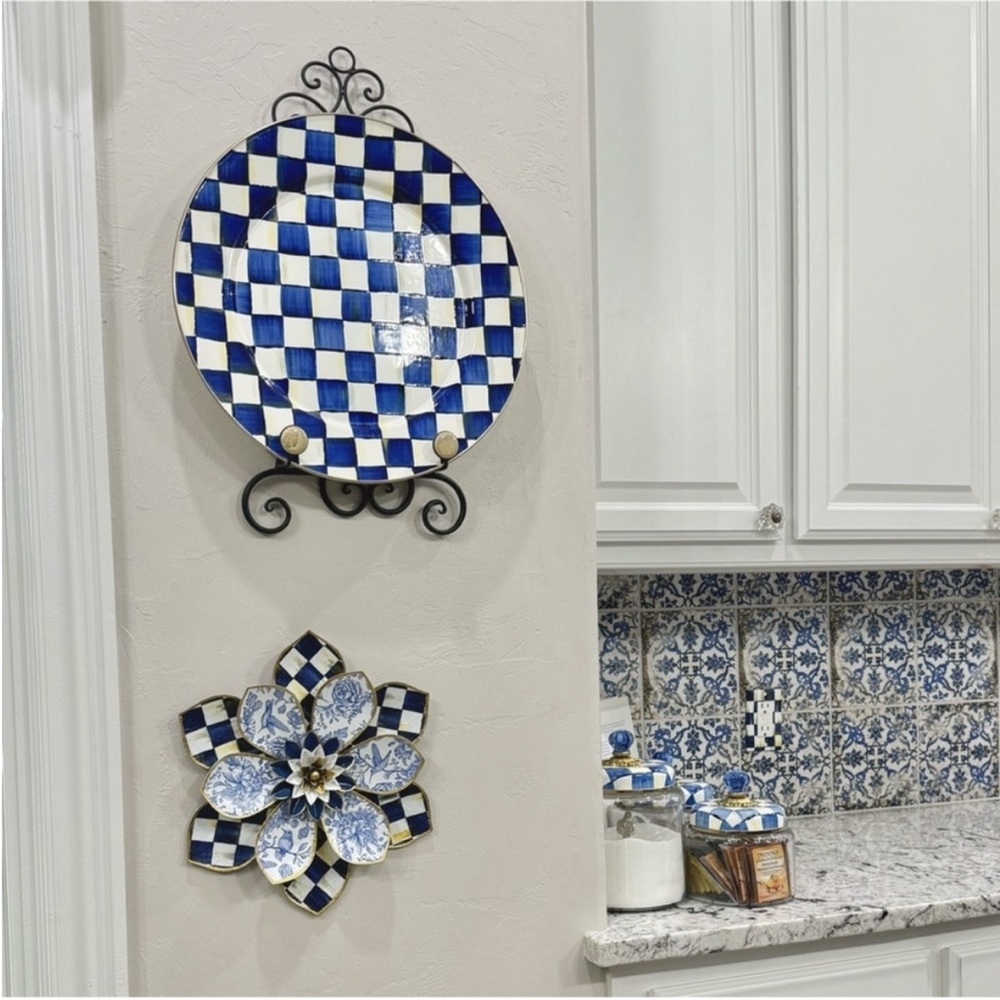 Hand Crafted Royal Check and Hummingbird Metal Wall Decor Blue White 13” - Picture 3 of 9